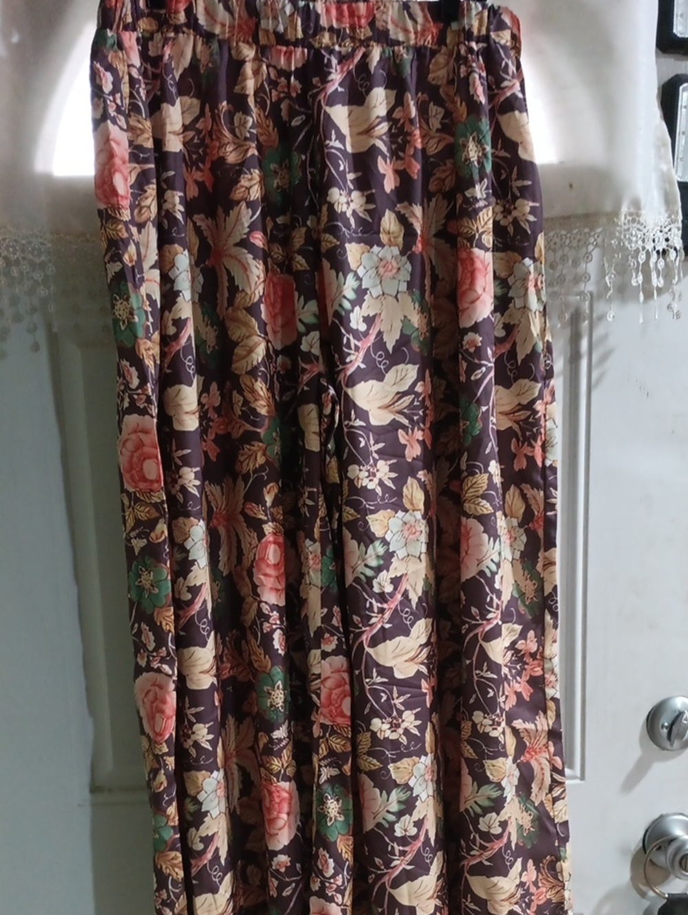 Floral Palazzo Pants in Dark Brown with Pink and Cream Blooms